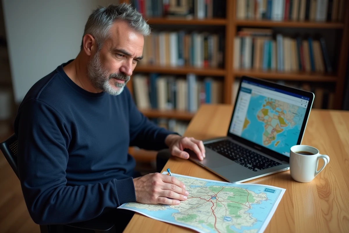 Homme comparant Fr Mappy et un GPS classique sur ordinateur portable pour préparer un itinéraire de voyage