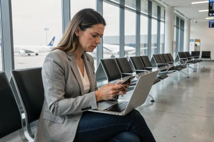 Femme comparant des prix de vols sur ordinateur portable et smartphone dans un terminal d'aéroport moderne