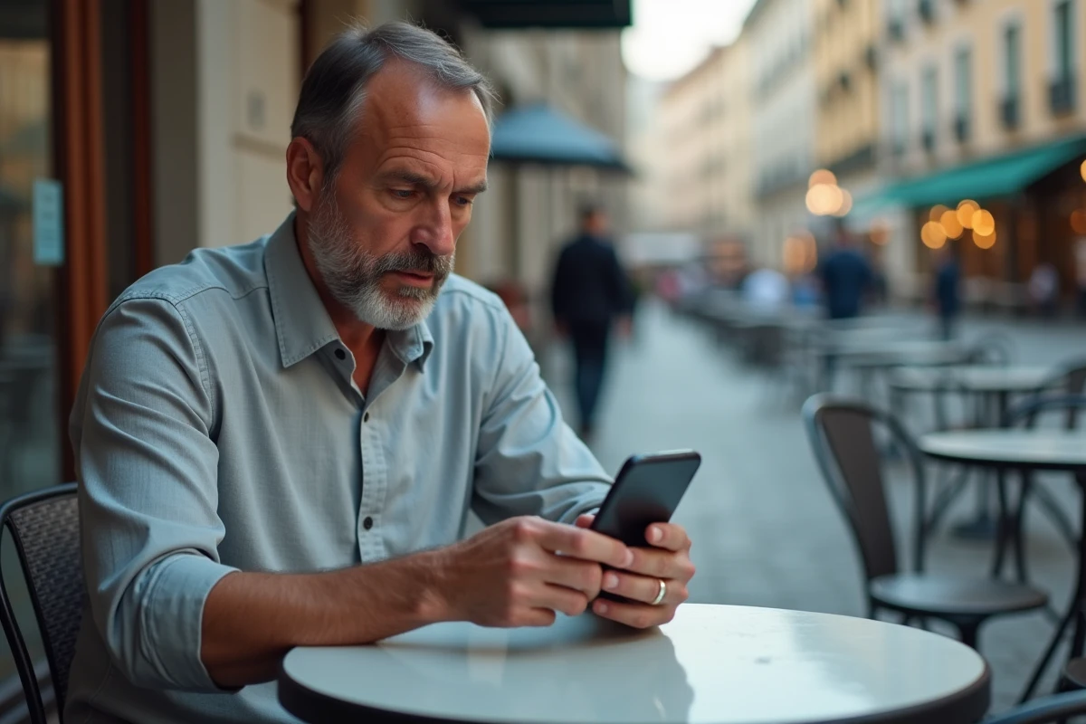 Homme composant un indicatif téléphonique international 0039 pour appeler l'Italie depuis un café