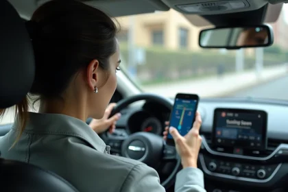 Conductrice utilisant une application GPS sur smartphone montée sur tableau de bord pour suivre un itinéraire en voiture