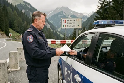 Agent des douanes françaises contrôlant des documents à un poste frontière franco-italien en montagne