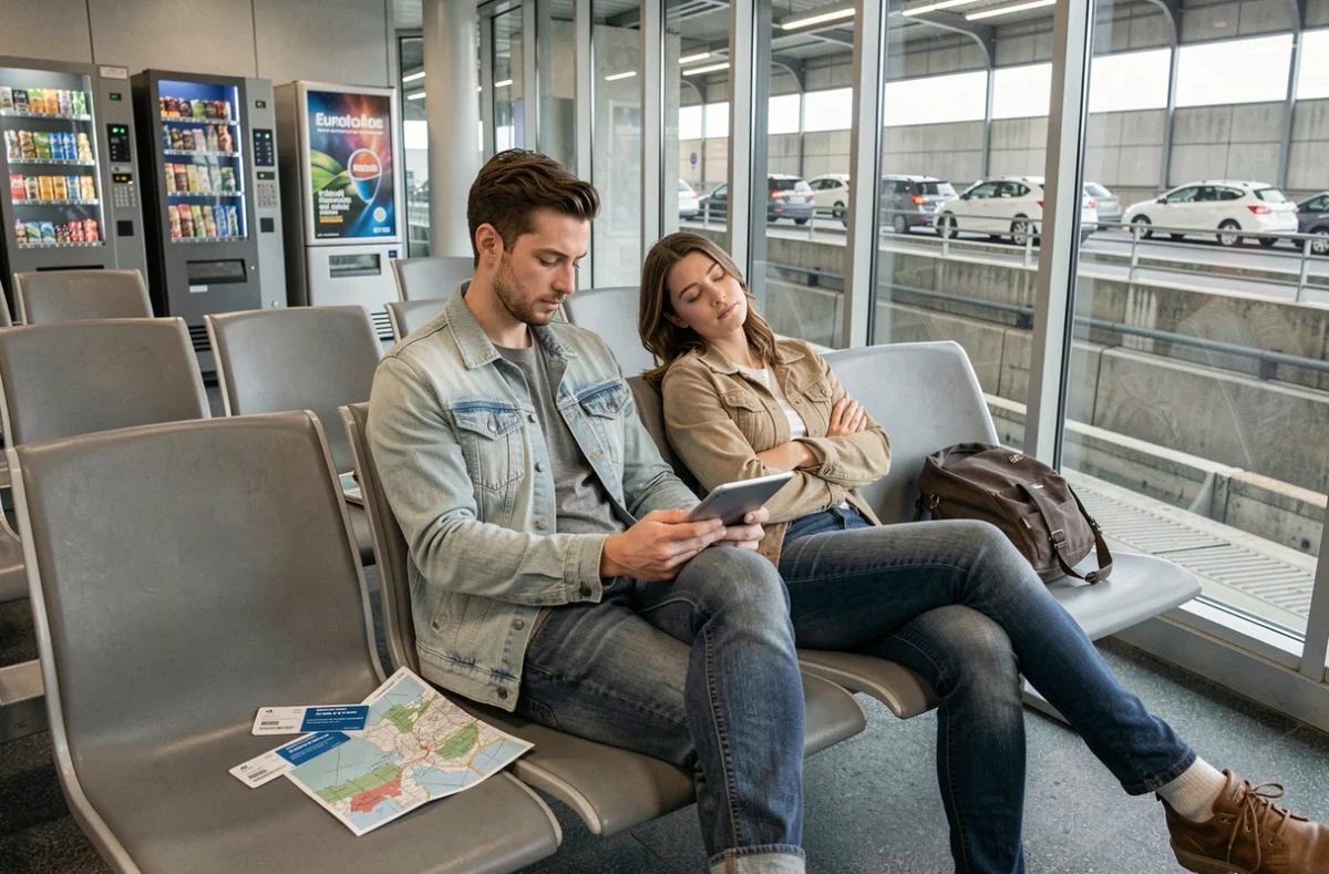 Couple de voyageurs attendant dans le salon Eurotunnel avec billets et tablette lors d'une annulation de train