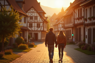 Couple main dans la main dans un village alsacien romantique