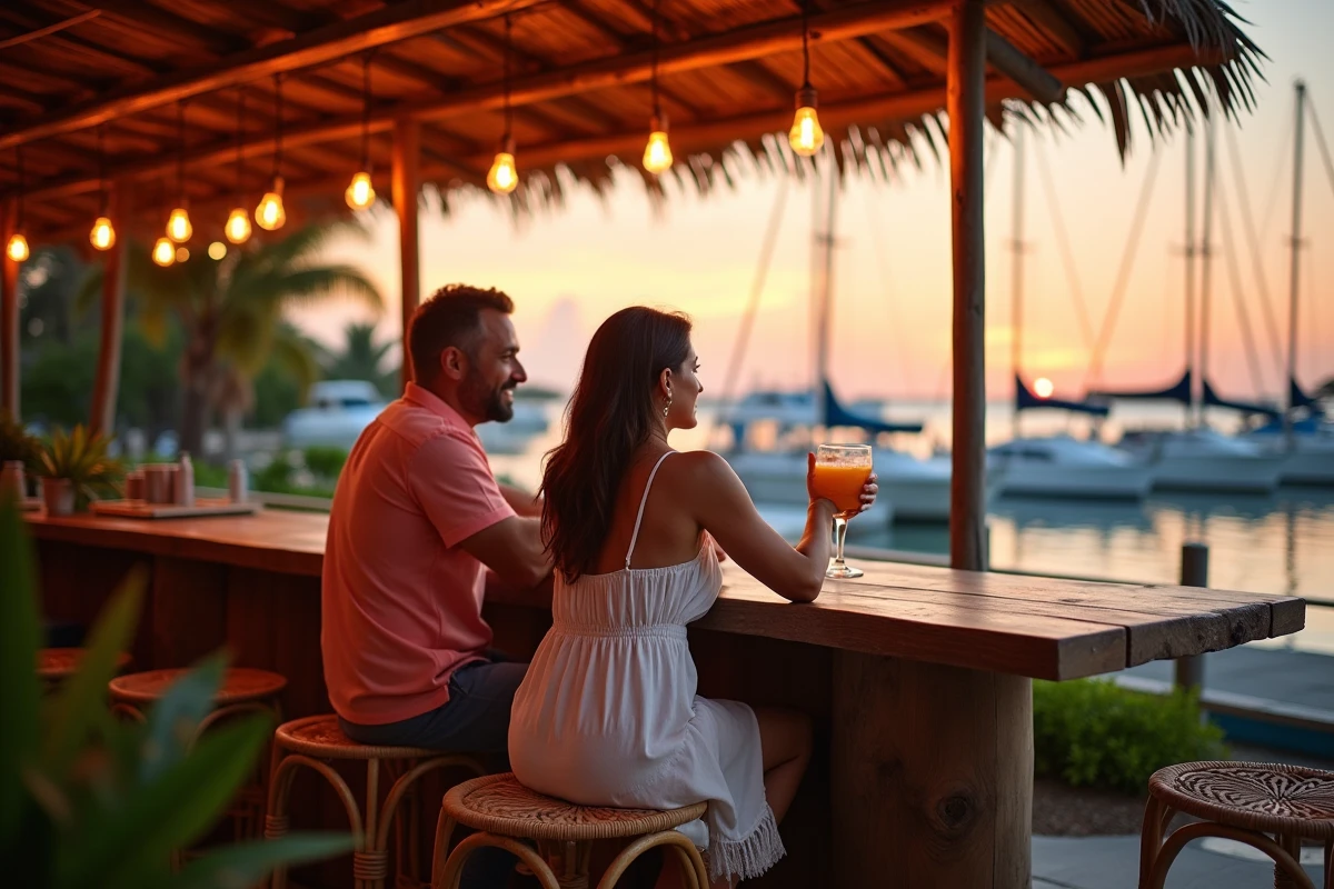 Couple se relaxant au bar extérieur d'un resort au bord de l'eau à Marathon en Floride au coucher du soleil