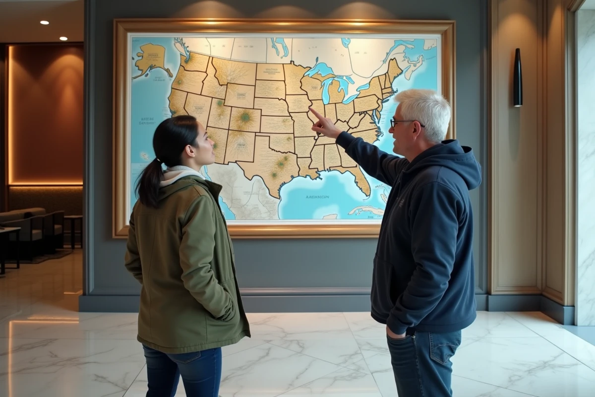 Couple étudiant une carte de ville américaine dans le hall d'un hôtel pour organiser leur itinéraire touristique