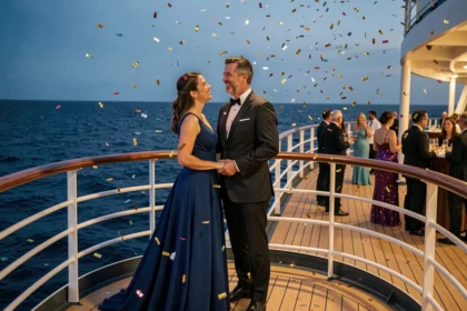 Couple élégant célébrant le nouvel an sur le pont avant d'un paquebot de croisière en soirée