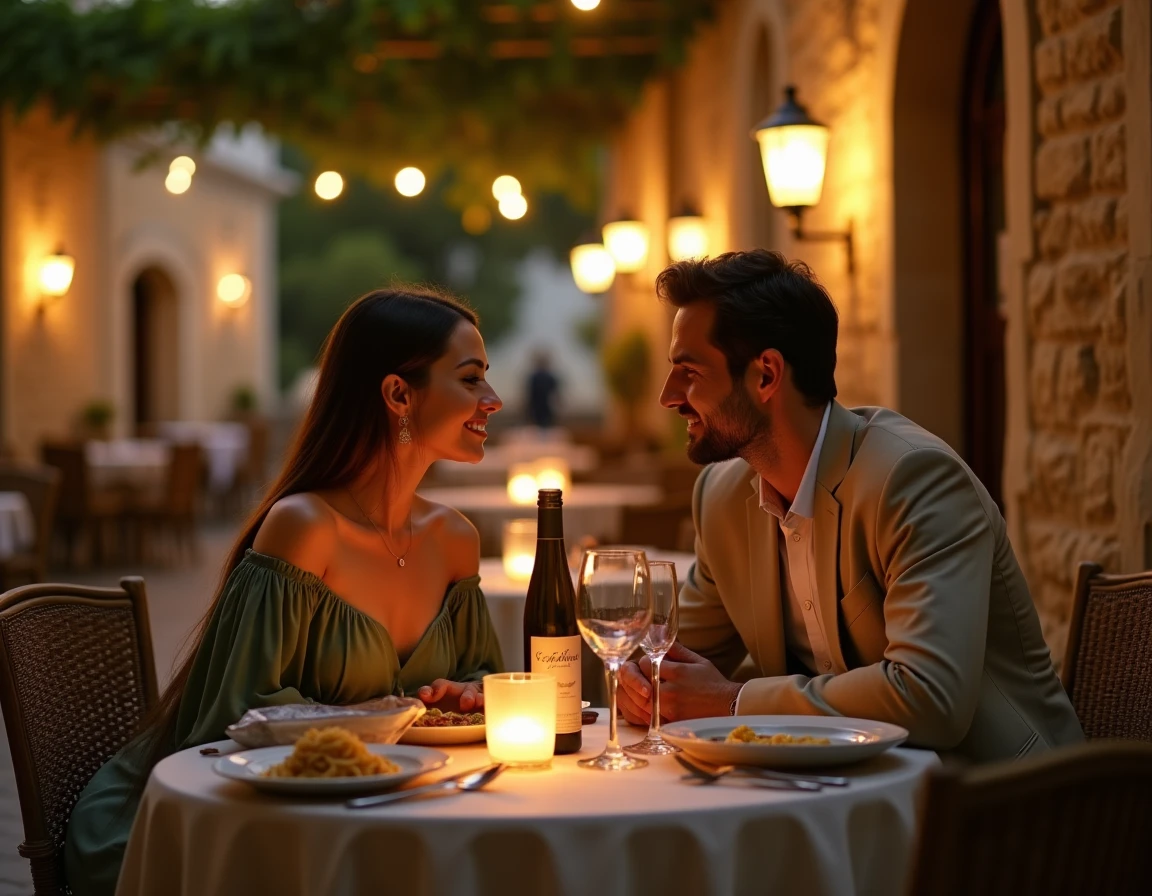 Couple partageant un dîner romantique en terrasse dans un restaurant de Monopoli avec des assiettes de céramique locale, du vin Primitivo et une façade d'église en calcaire en arrière-plan
