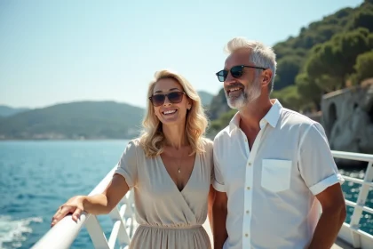 Couple souriant sur le ferry &agrave; Hy&egrave;res avec Porquerolles en arri&egrave;re-plan