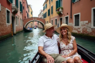 Couple en gondola à Venise avec bâtiments anciennes