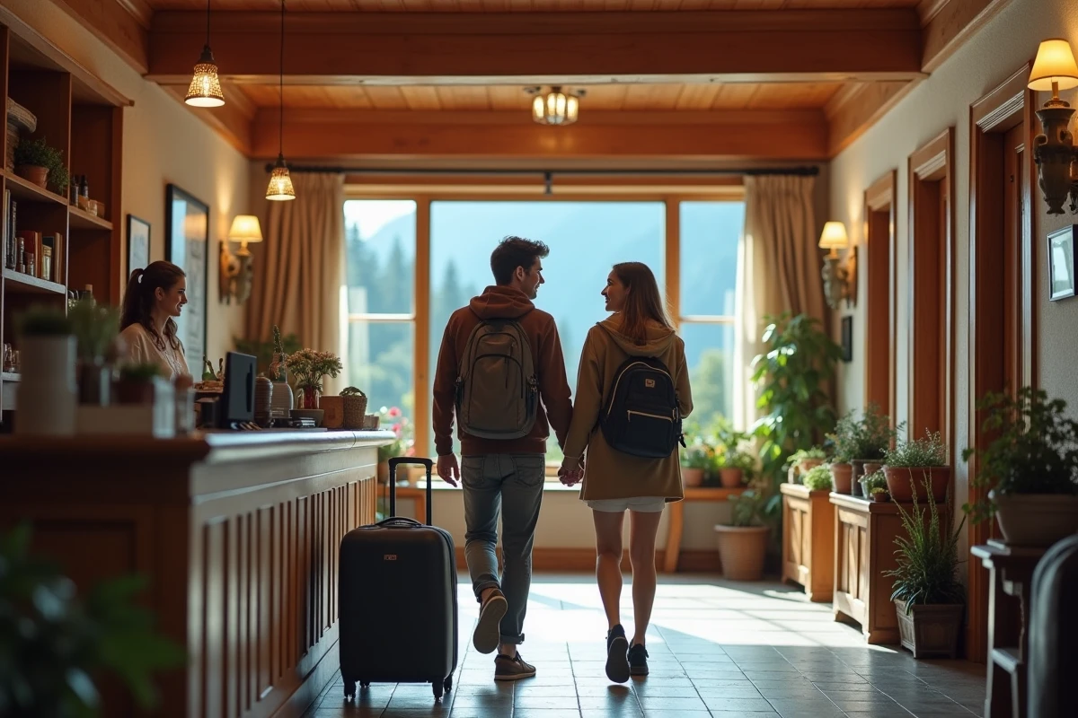 Jeune couple vérifiant leur arrivée à l