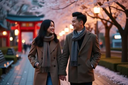 Jeune couple japonais dans la nuit &agrave; Tokyo avec cerisiers en fleurs