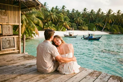 Couple en lune de miel assis sur un ponton en bois au-dessus d'un lagon turquoise tropical, destination paradisiaque à petit budget