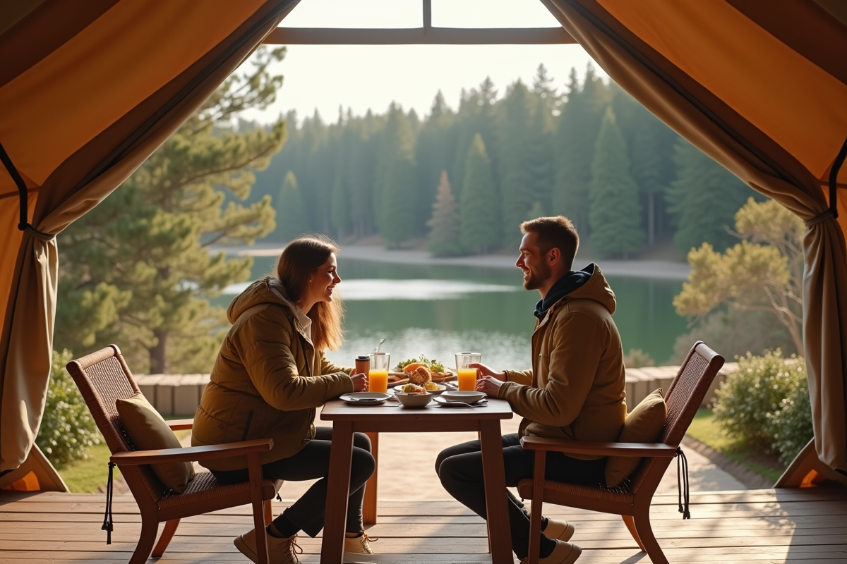 Jeune couple profitant d un petit déjeuner en terrasse de luxe