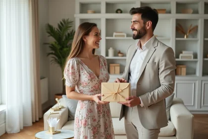 Couple de jeunes mariés tenant une carte cadeau voyage Selectour dans un salon moderne et lumineux