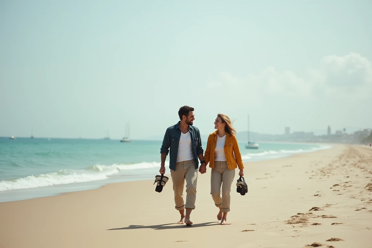 Couple se promenant sur une plage déserte en octobre profitant du calme hors saison
