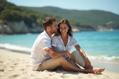 Couple souriant sur la plage de Rayol Canadel