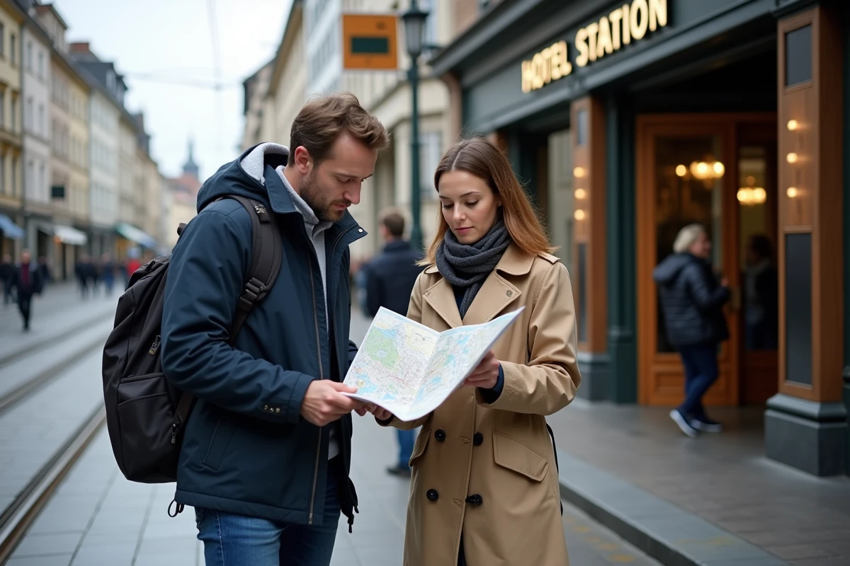 Couple avec carte dans la rue devant la gare de Strasbourg