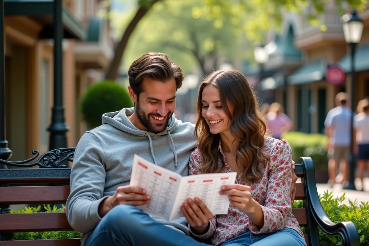 Couple planifiant leur journée grâce au système FastPASS de Disneyland Paris
