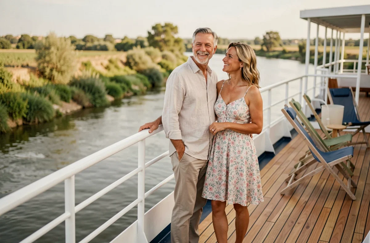 Couple profitant du pont supérieur d'un bateau de croisière sur le Guadalquivir en Andalousie