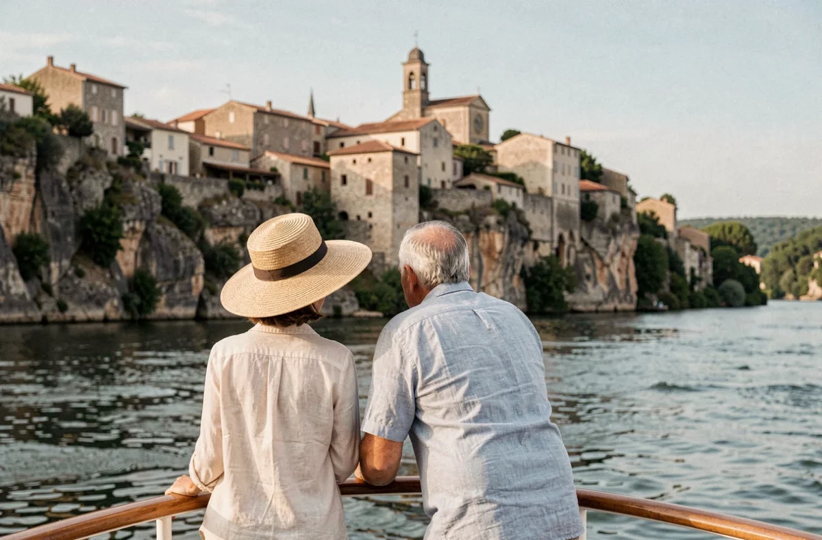 Couple observant le village médiéval de Saint-Cirq-Lapopie depuis le pont avant d'un bateau de croisière sur le Lot