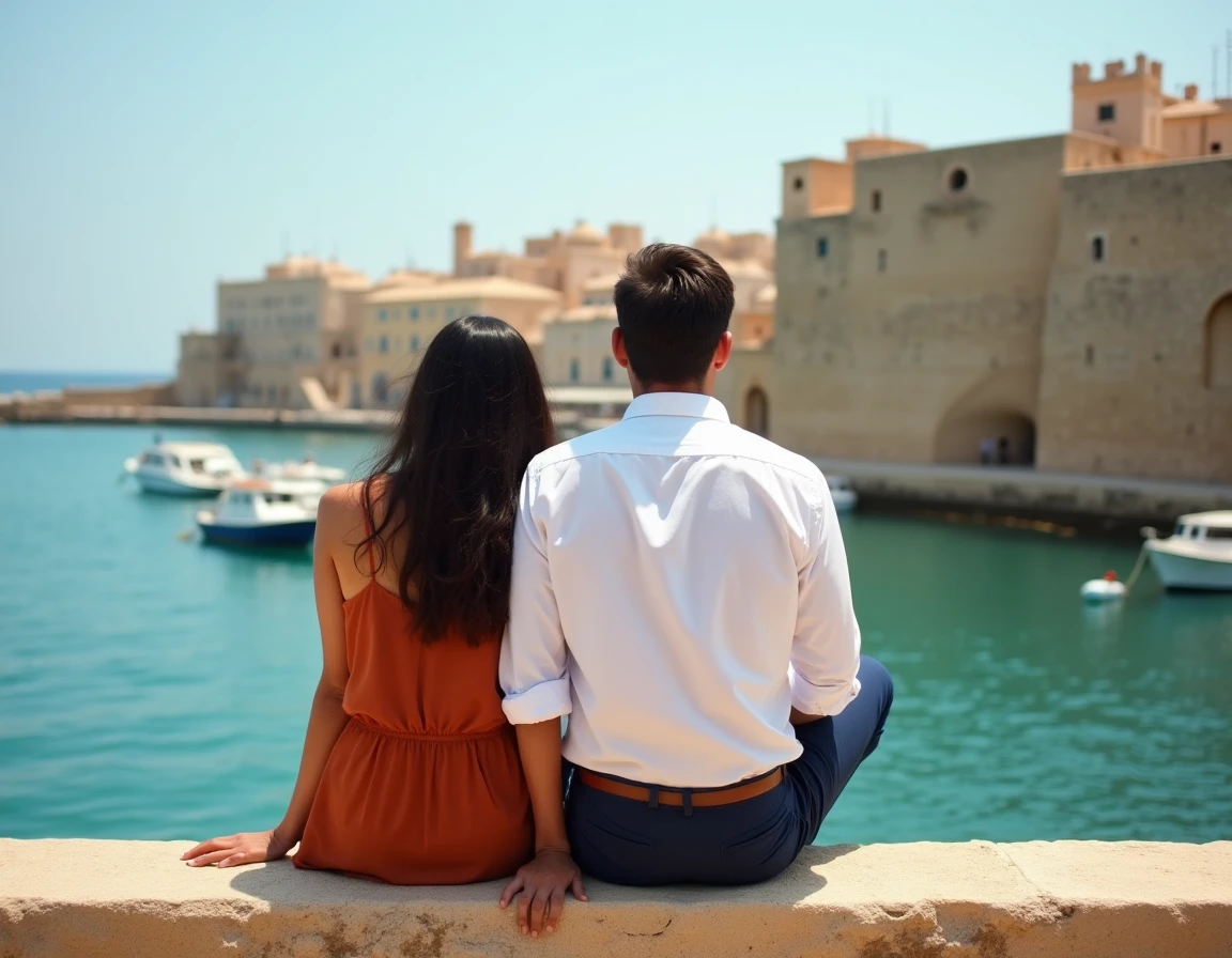 Couple assis sur le bord du port historique de Monopoli contemplant la mer Adriatique turquoise avec les bâtiments en calcaire en arrière-plan