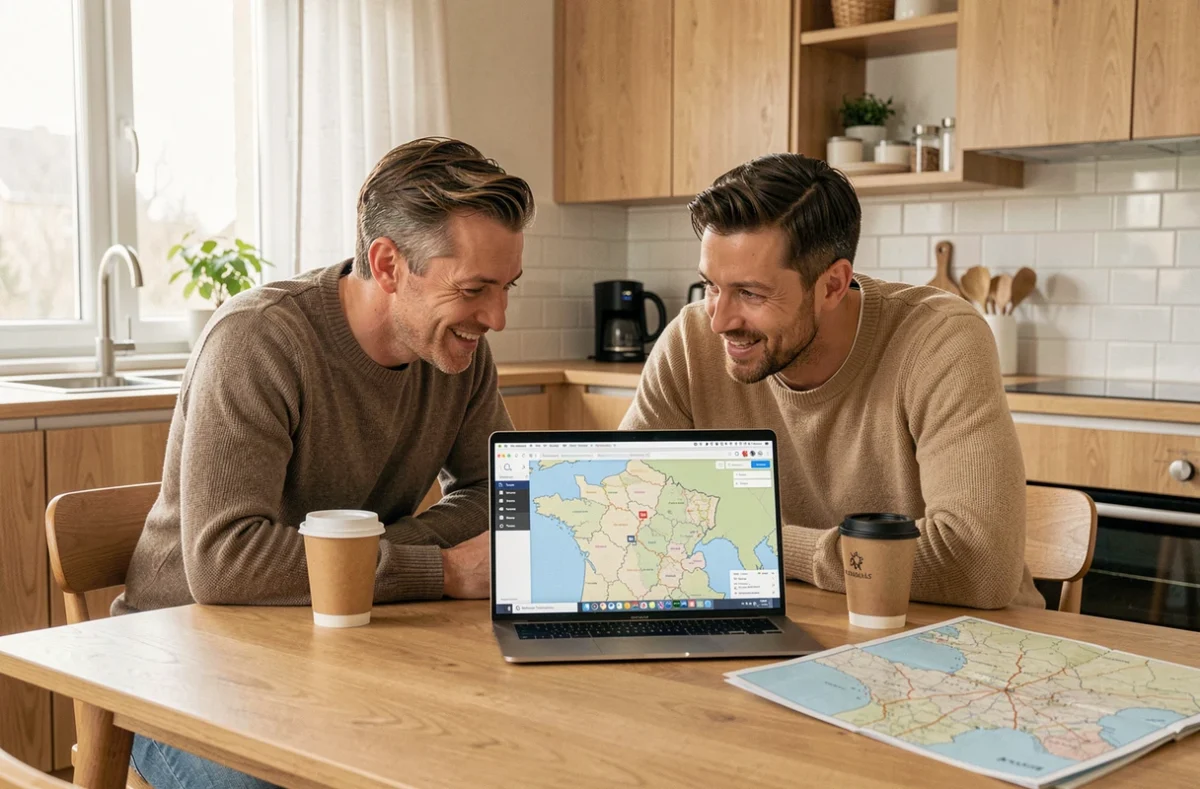 Couple préparant un long voyage en voiture en planifiant leur itinéraire sur Mappy depuis leur domicile