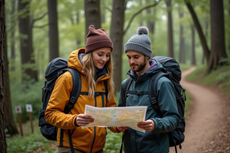 Jeune couple avec carte dans une forêt verdoyante