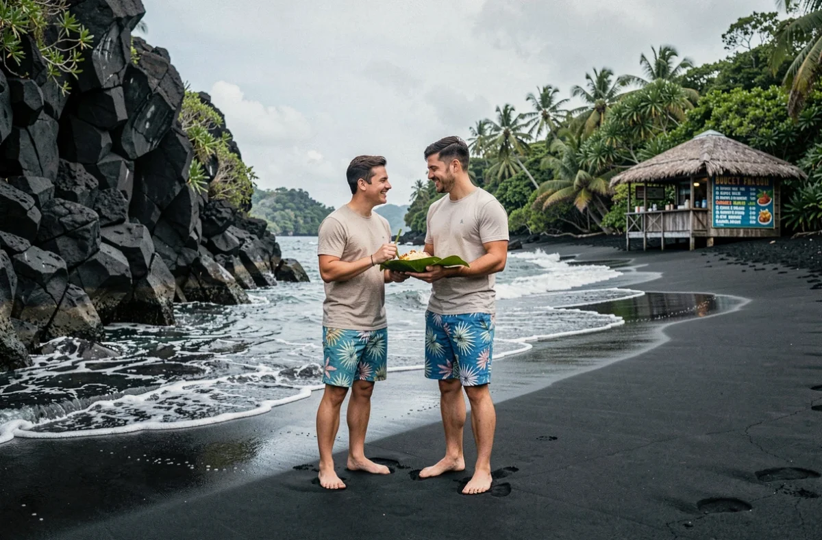 Couple en lune de miel partageant un repas local sur une plage de sable noir volcanique isolée, voyage paradisiaque économique