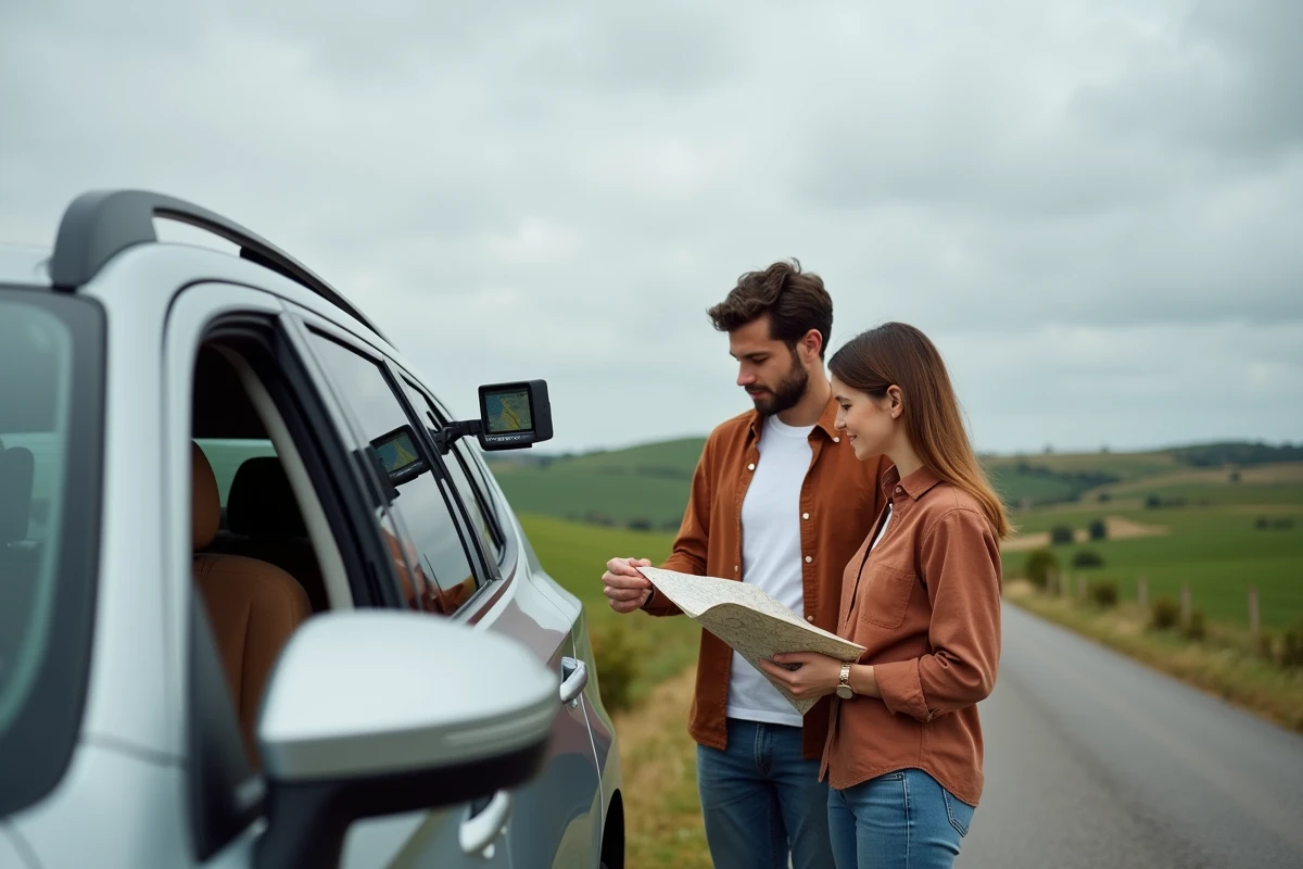 Couple en road trip comparant un GPS embarqué et une carte routière papier au bord d'une route de campagne