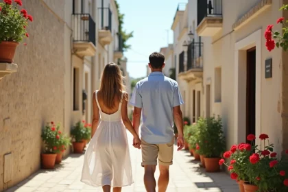 Couple se promenant main dans la main dans les ruelles pavées de la vieille ville de Monopoli en Puglia, murs blancs et pots de géraniums rouges