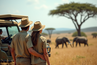 Jeune couple en safari regardant des elephants dans la savane