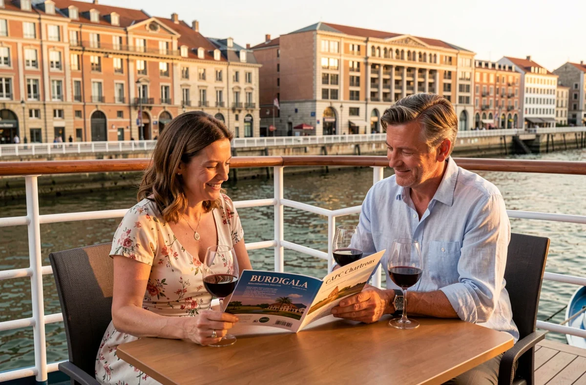 Couple consultant une brochure de la croisière Burdigala sur le pont supérieur avec vue sur Bordeaux