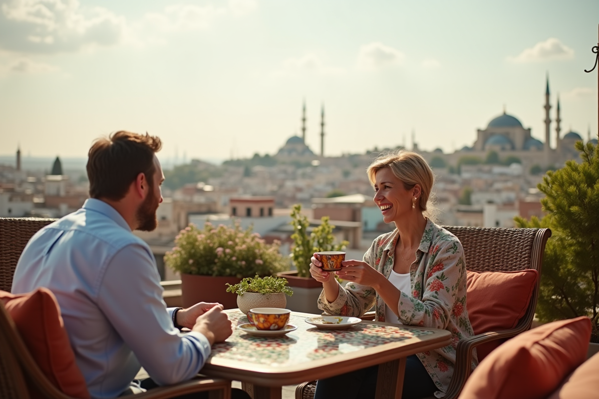 Couple dégustant un thé à la menthe sur un toit à Gueliz