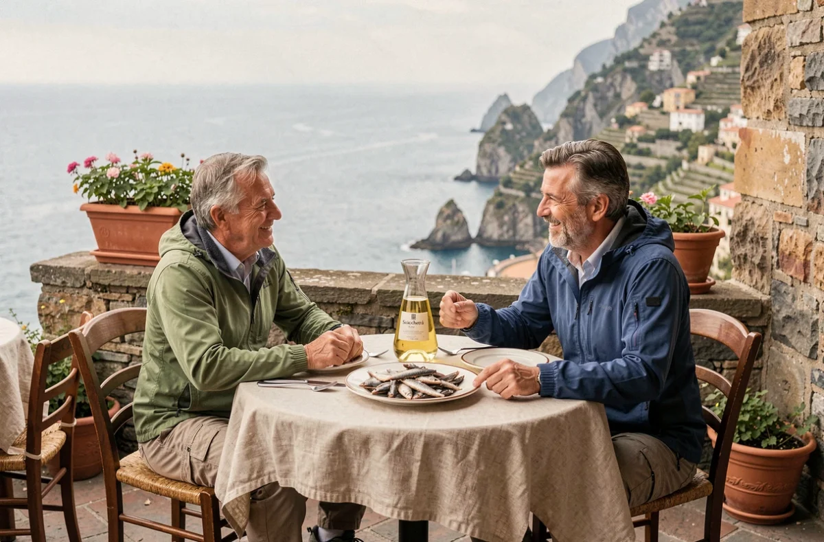 Couple de voyageurs dégustant des anchois et du vin local en terrasse à Riomaggiore dans les Cinq Terres
