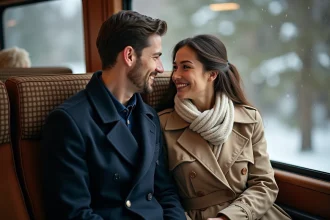 Jeune couple dans un train voyage romantique hiver