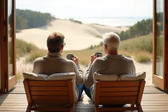 Couple détendu regardant la Dune du Pilat depuis la terrasse