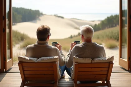 Couple détendu regardant la Dune du Pilat depuis la terrasse