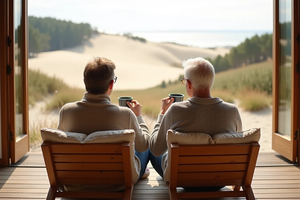 Couple détendu regardant la Dune du Pilat depuis la terrasse