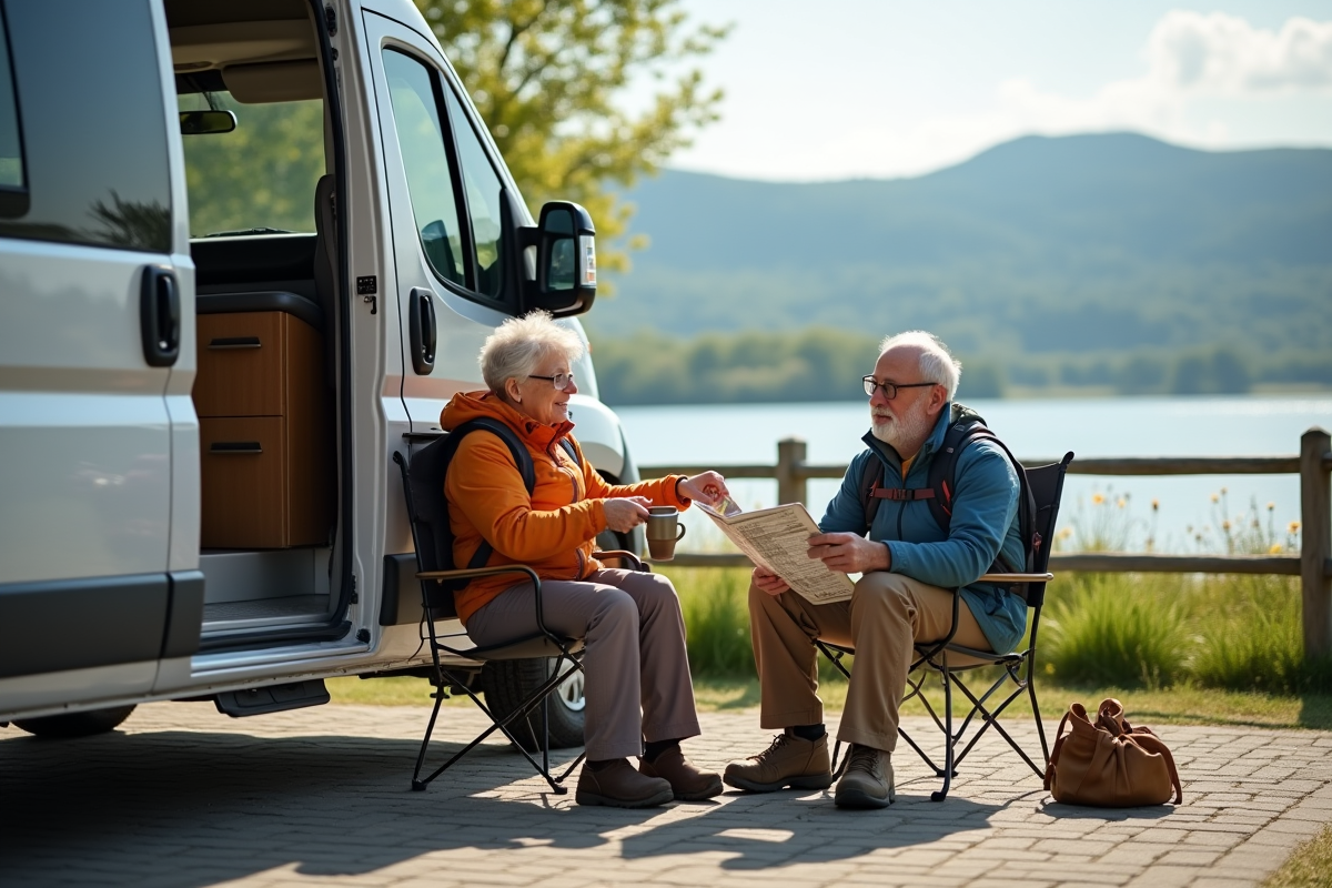 Couple âgé assis près de leur van au bord du lac