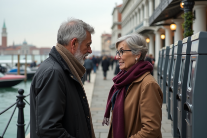 Couple regardant un ticket vaporetto à Venise