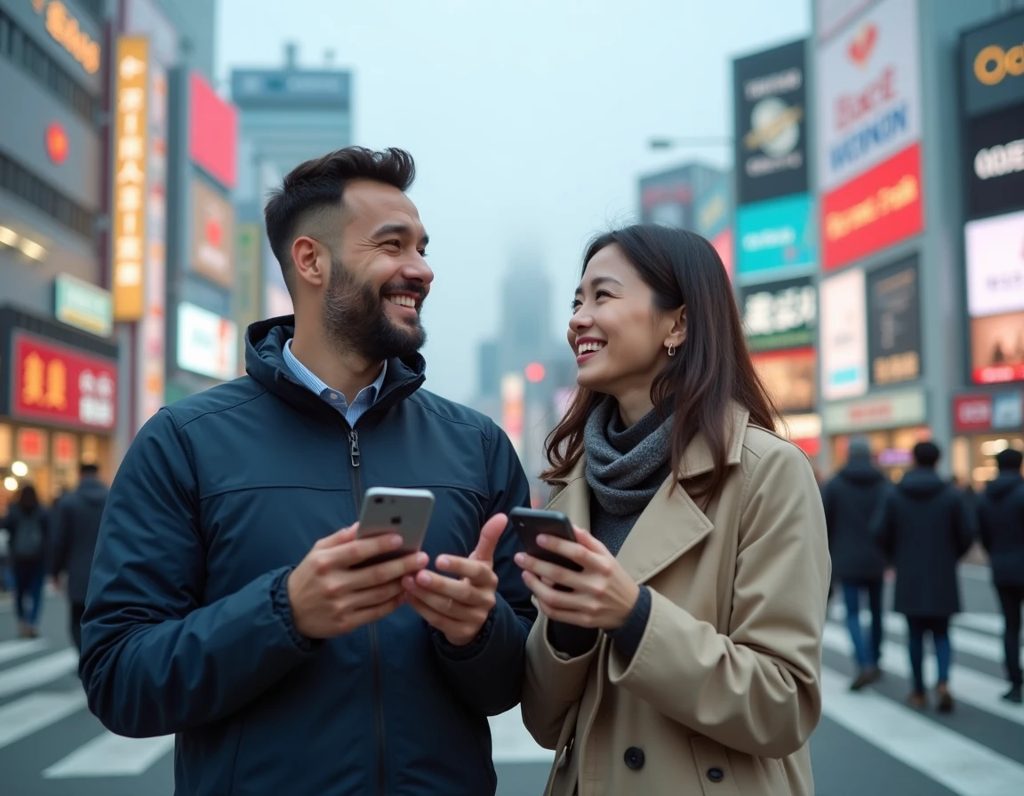 Couple de voyageurs utilisant une application de planification au célèbre carrefour de Shibuya à Tokyo