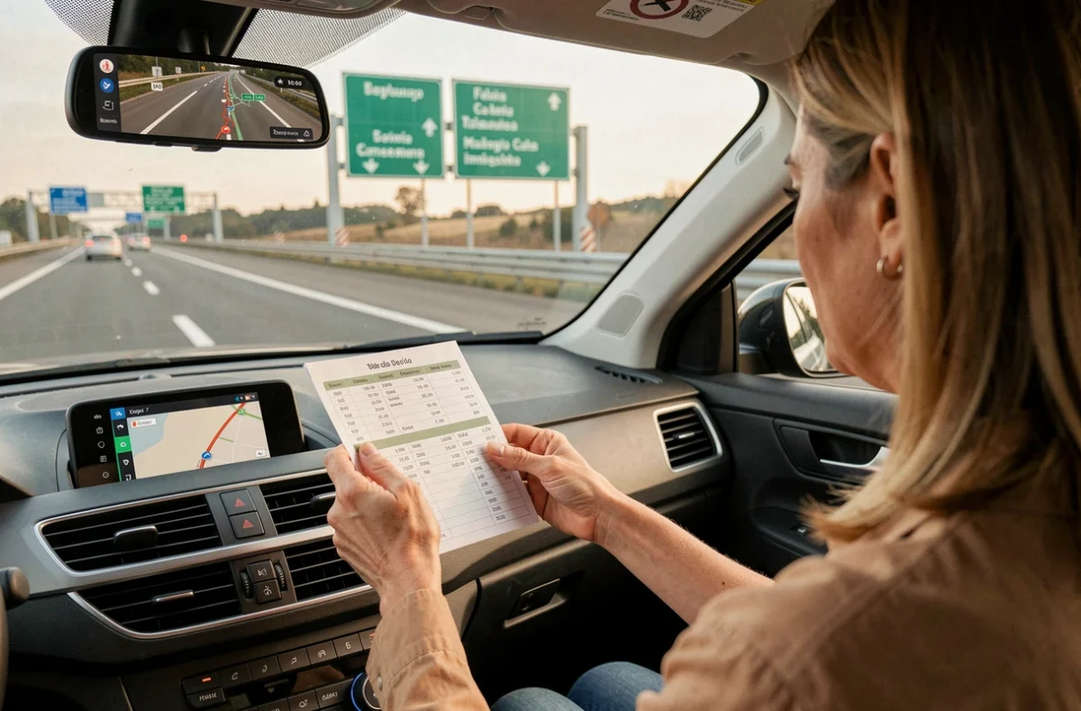 Femme consultant le coût des péages espagnols sur une carte routière dans sa voiture