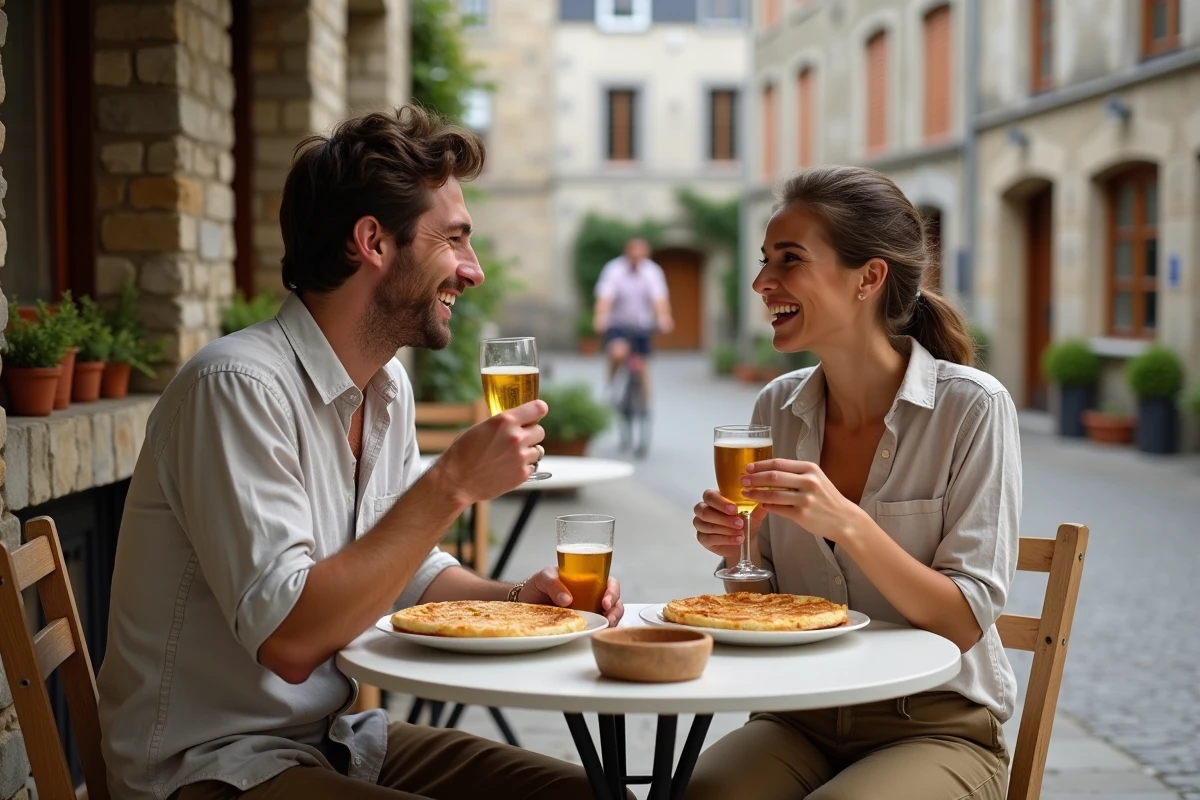 Couple dégustant des galettes bretonnes en terrasse d'une crêperie du village de Groix