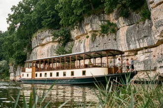 Bateau de croisière fluviale amarré au pied des falaises calcaires de la vallée du Lot près de Saint-Cirq-Lapopie