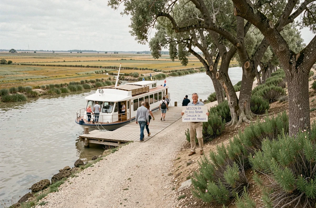Passagers débarquant d'un bateau de croisière fluviale sur le Guadalquivir près du parc de Doñana