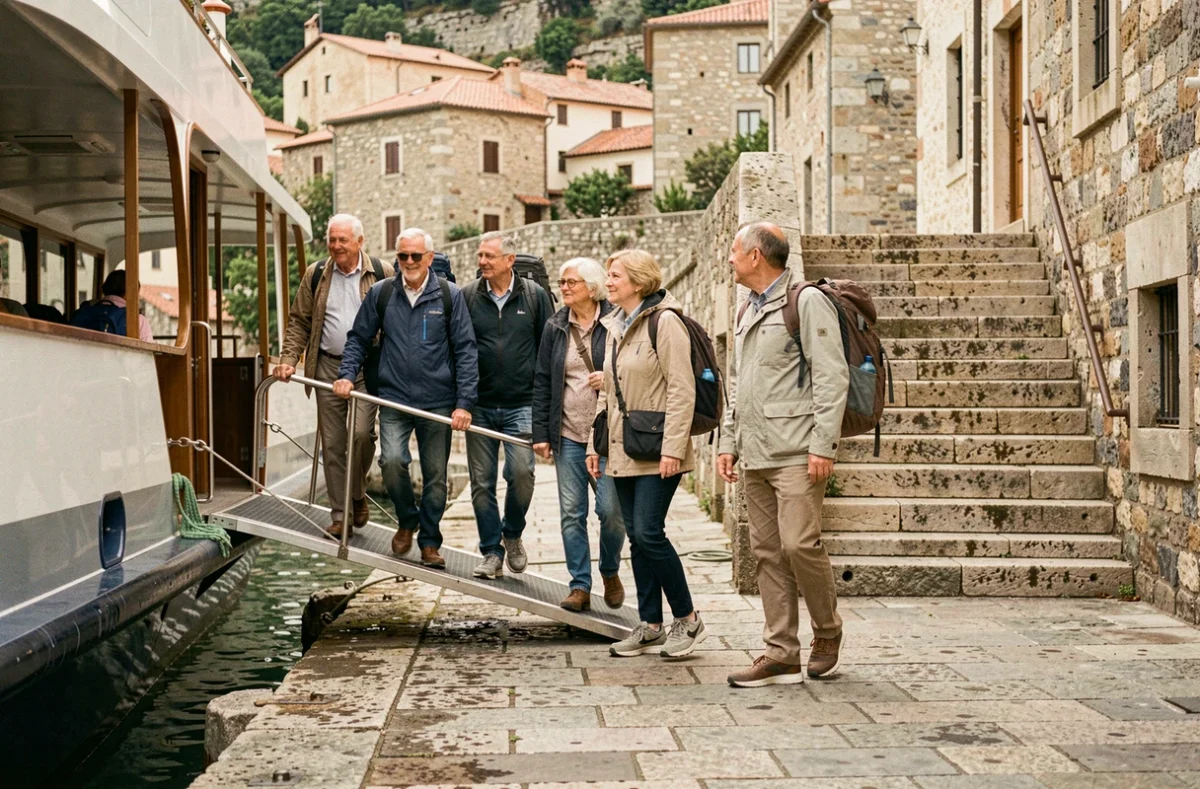 Groupe de touristes débarquant d'un bateau de croisière sur un quai en pierre au pied d'un village médiéval dans le Lot