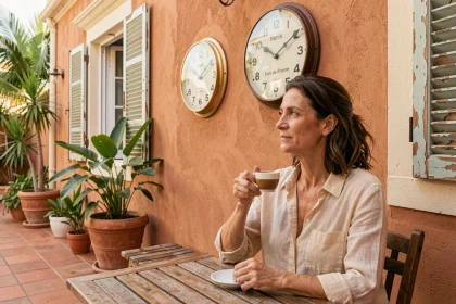 Femme consultant deux horloges indiquant l'heure de Paris et de Fort-de-France dans un café en Martinique