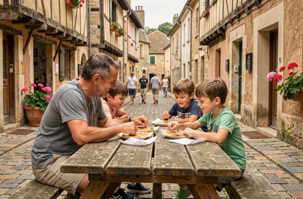 Père et ses fils dégustant des crêpes à une table en bois dans les rues médiévales de Guérande en famille