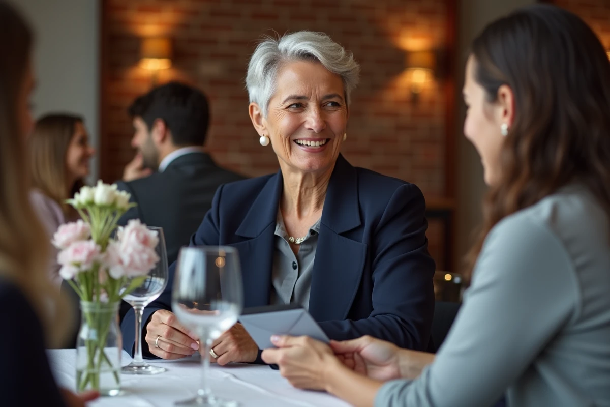 Femme prenant sa retraite recevant une carte cadeau voyage de ses enfants dans un restaurant élégant