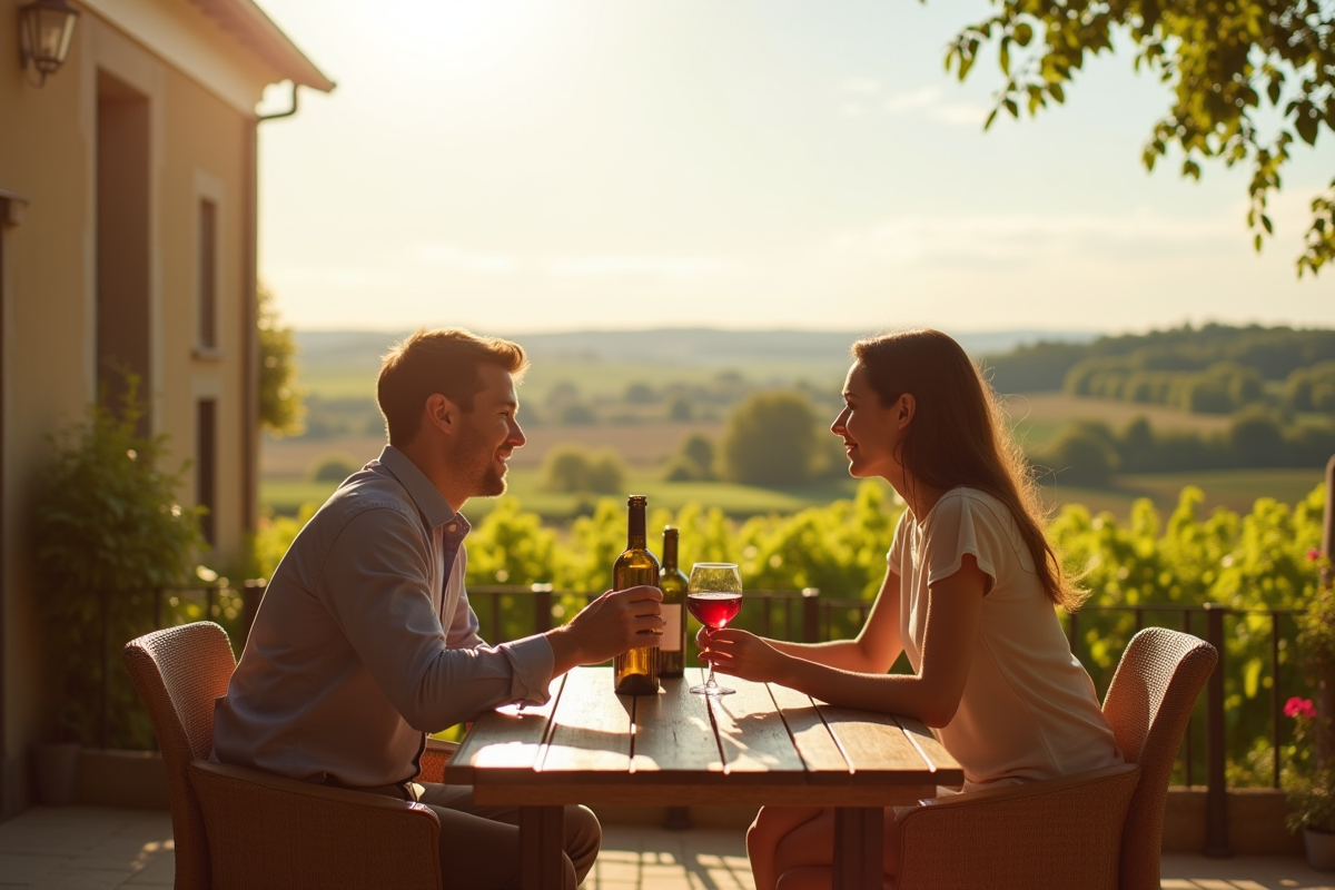 Couple dégustant du vin avec vue sur vignobles en Alsace